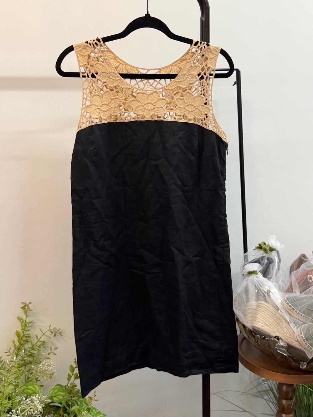 LOFT Black Linen Mini Dress with Beige Crochet Yoke
